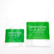 Two packaged aquarium filter bags from Aquarium Co-Op are shown side by side. The left package is labeled Small Filter Bag 3 x 8 and the right is labeled Large Filter Bag 4 x 12, both with green labels.