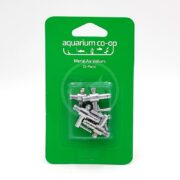 A green package labeled aquarium co-op Metal Air Valves (5-Pack) containing five small silver metal air valves for aquarium use, displayed in a clear plastic blister pack.