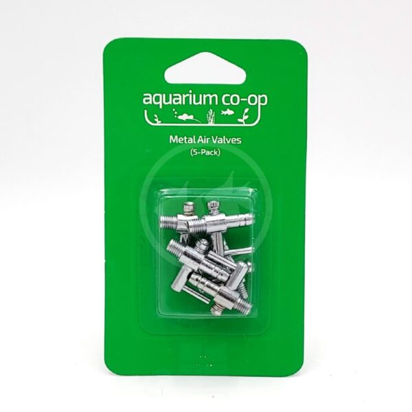 A green package labeled aquarium co-op Metal Air Valves (5-Pack) containing five small silver metal air valves for aquarium use, displayed in a clear plastic blister pack.