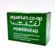 A green box labeled aquarium co-op POWERHEAD displays features: 211 GPH flow rate, 11.8 ft power cord, compatibility with Aquarium Co-Op sponge filter, and 10-watt low power consumption. Fish and plant graphics are shown.