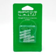 A green package labeled aquarium co-op Straight Airline Connectors (5-Pack) contains five clear plastic tube connectors visible in the transparent section of the packaging.