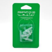 A green package labeled aquarium co-op T Airline Connectors (5-Pack) containing five clear plastic T-shaped connectors for aquarium airline tubing.