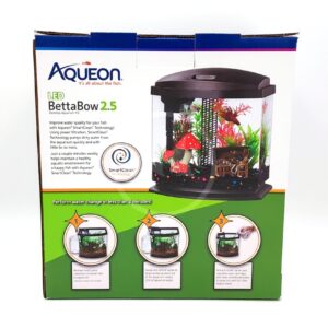Front of an Aqueon LED BettaBow 2.5 aquarium kit box, showing a photo of the aquarium with colorful gravel, artificial plants, and a small house decoration, plus product details and setup instructions.