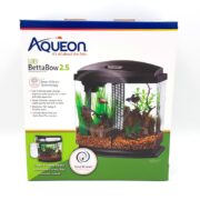 Aqueon LED BettaBow 2.5 aquarium kit box showing the small fish tank with plants, rocks, and gravel, featuring SmartClean Technology and designed for Betta fish.