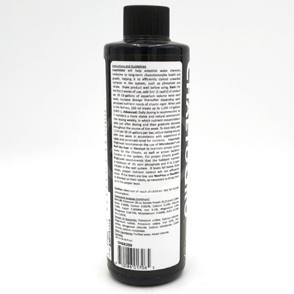 A black bottle with a white label displaying instructions and guidelines for use. The bottle has a ribbed black cap and text in small black font covering most of the label. The background is plain white.