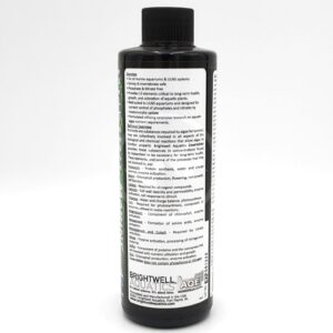 A black bottle of Brightwell Aquatics aquarium supplement with a detailed white label listing instructions, ingredients, and product information. The bottle has a black cap and is standing upright against a white background.