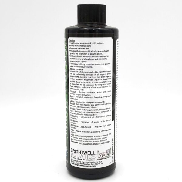 A black bottle of Brightwell Aquatics aquarium supplement with a detailed white label listing instructions, ingredients, and product information. The bottle has a black cap and is standing upright against a white background.