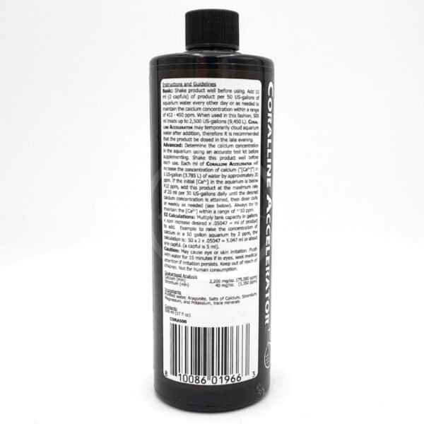 A black bottle labeled Coralline Accelerator stands upright, displaying detailed instructions, guidelines, and ingredient information in white text on the back label. A barcode is visible at the bottom of the label.