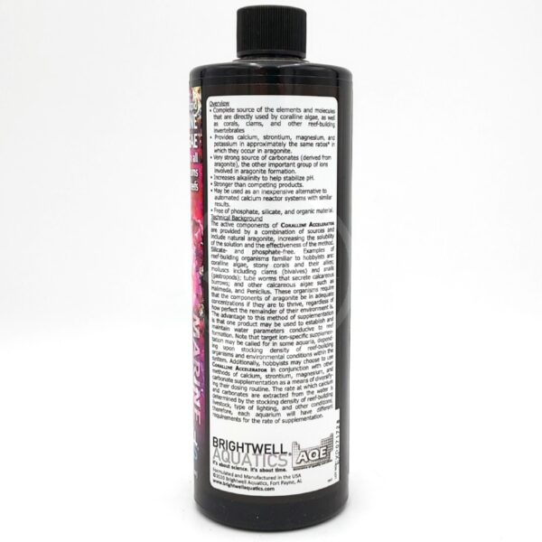 A black bottle labeled Brightwell Aquatics stands upright. The back label contains detailed white text about the product, instructions, and ingredients, but the front label is not visible.