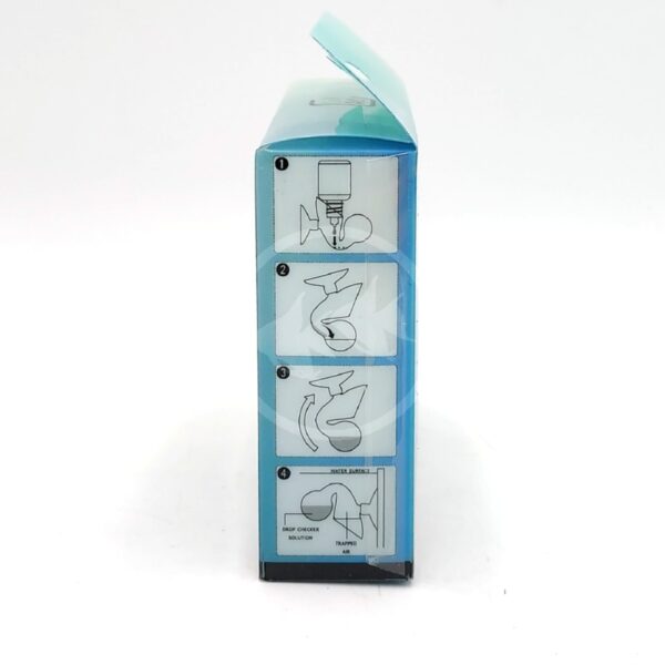 A blue box with four illustrated instructions: pour powder, add water, shake or stir, and serve in a bowl with a spoon. The boxs top is open.