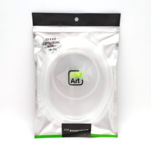 A clear co2 tubing for aquariums is coiled inside a resealable silver and black plastic package labeled CO2 Art with a fish logo and CO2 essentials text at the bottom.