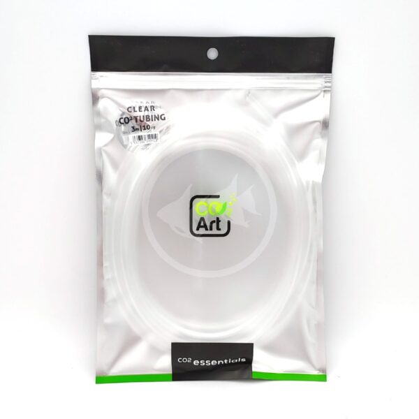 A clear co2 tubing for aquariums is coiled inside a resealable silver and black plastic package labeled CO2 Art with a fish logo and CO2 essentials text at the bottom.