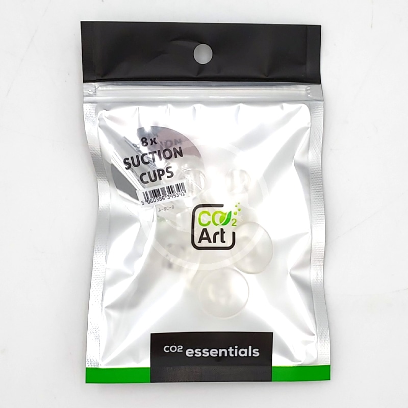 CO2 ART HIGH QUALITY TUBING SUCTION CUPS 8 PK.jpg A silver and black resealable package labeled CO2 Art and CO2 essentials containing eight clear suction cups, visible through a transparent section on the front of the packaging.