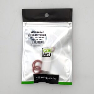 A sealed package labeled NEW INLINE 12/16 DIFFUSER REPLACEMENT MEMBRANE by CO2 Art. The contents, including a white component and red ring, are visible through the clear front of the packaging.