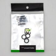 A silver and black resealable package labeled PRO-SERIES REGULATORS REPLACEMENT 3xWASHERS containing three black washers, with branding CO2 Art and CO2 essentials on the front.
