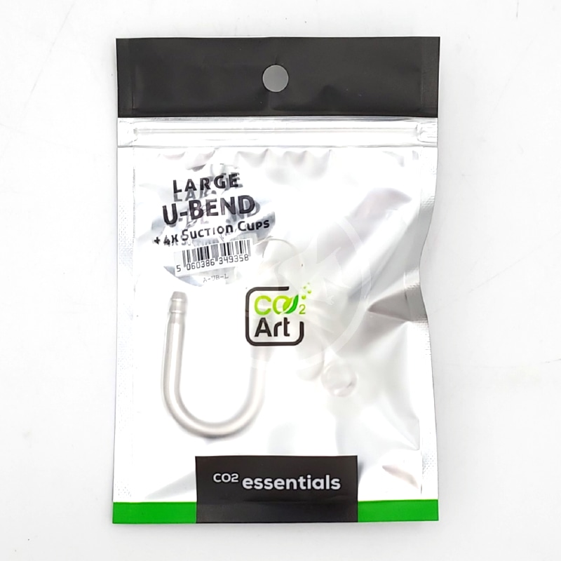 CO2 ART STAINLESS STEEL U BEND CONNECTOR 4 SUCTION CUPS.jpg A sealed, reflective silver package labeled LARGE U-BEND 4x SUCTION CUPS and CO2 Art contains a U-shaped aquarium accessory. The bottom of the pack reads CO2 essentials on a black strip.