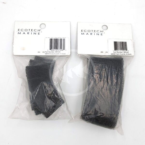 Two bags of EcoTech Marine aquarium filter foam pads in clear plastic packaging with white labels and barcodes, displayed side by side on a white background.