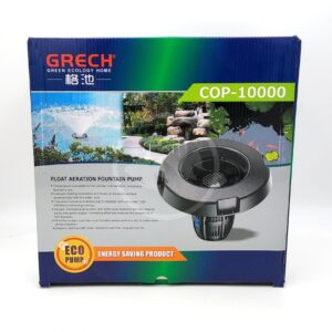 Box of a Grech COP-10000 float aeration fountain pump, featuring images of ponds, water features, and the pump itself. The packaging highlights it as an energy-saving, eco-friendly product.