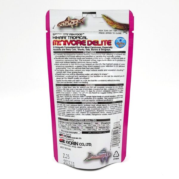 A stand-up pouch of Hikari Tropical Mini Algae fish food, featuring images of various fish at the top and bottom. The package has detailed product information and feeding instructions printed on the back.