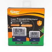 Front of a hygger-branded box for a transparency digital aquarium thermometer, models HG073-S and HG073-L, showing LCD displays and key features such as temperature range, accuracy, and a 2-year warranty.