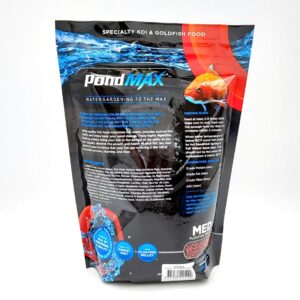 Back of a PondMAX koi and goldfish food bag, featuring product information, feeding guide, ingredients list, and a large orange fish graphic near the top right. The bag has a blue water-themed design.