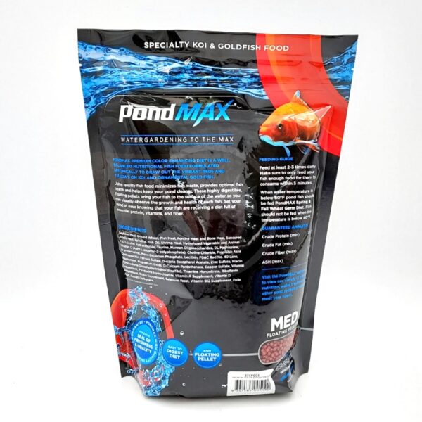 Back of a PondMAX koi and goldfish food bag, featuring product information, feeding guide, ingredients list, and a large orange fish graphic near the top right. The bag has a blue water-themed design.