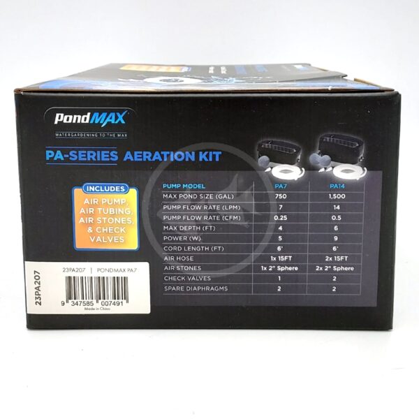 A black PondMAX PA-Series Aeration Kit box displays product information, including pump models, specifications, and kit contents such as air pump, tubing, air stones, check valves, and spare diaphragms.