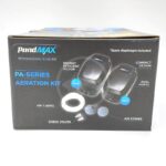 Box of PondMAX PA-Series Aeration Kit, showing images of the motor units, air stones, air tubing, and check valves. Features noted include energy-efficient motor, compact design, and dual ports.