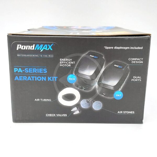 Box of PondMAX PA-Series Aeration Kit, showing images of the motor units, air stones, air tubing, and check valves. Features noted include energy-efficient motor, compact design, and dual ports.