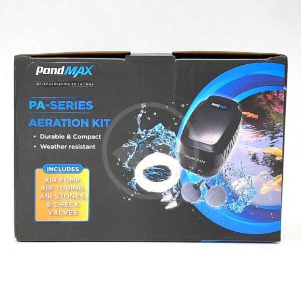 PondMAX PA-Series Aeration Kit box showing product image, water splash graphics, and features: durable, compact, weather resistant. Includes air pump, air tubing, air stones, and check valves.