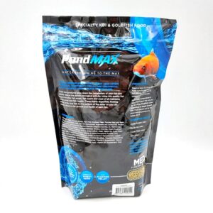 Back view of a PondMAX fish food bag, featuring blue packaging with a goldfish image, product information, and feeding instructions printed in white and blue text.