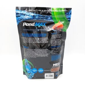 Back of a PondMAX fish food bag labeled SPECIALTY KOI & GOLDFISH FOOD. The packaging shows a blue water splash, an orange fish, green accents, and product information about its benefits and nutritional content.