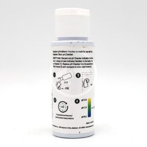 A white bottle with instructions and a color chart for pH indicator solution. The label includes diagrams for use, text directions, and a color scale ranging from pH 5.8 (yellow) to pH 8.2 (blue).