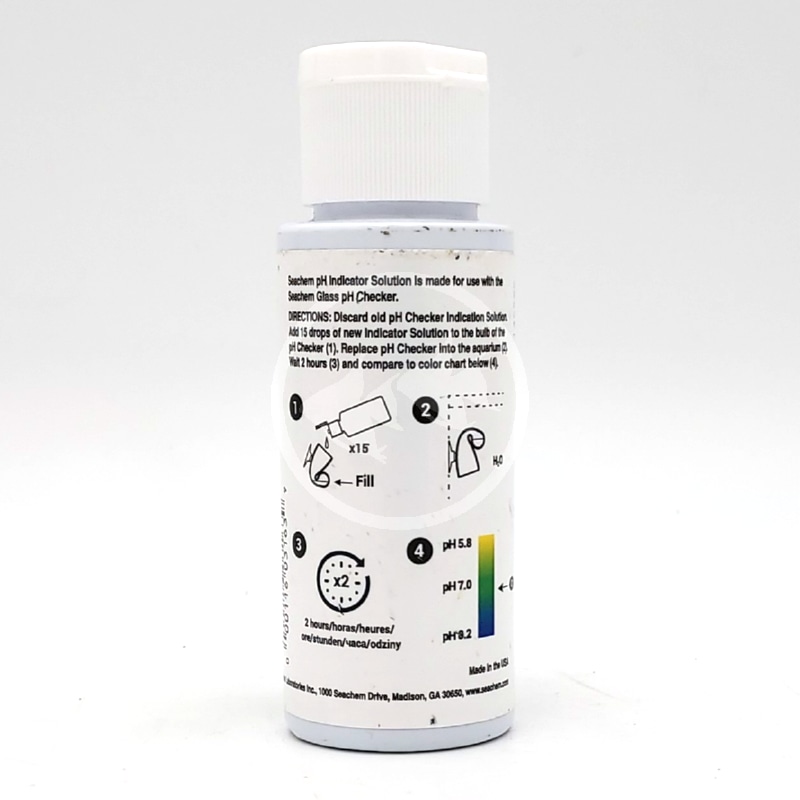SEACHEM CO2 INDICATOR SOLUTION 50 ML BACK.jpg A white bottle with instructions and a color chart for pH indicator solution. The label includes diagrams for use, text directions, and a color scale ranging from pH 5.8 (yellow) to pH 8.2 (blue).