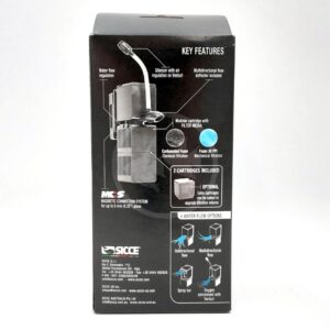 Box showing a SICCE aquarium filter with labeled features, including water flow regulation, filter media cartridges, and multiple water flow options. Diagrams and text highlight key functions and included parts.