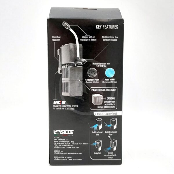 Box showing a SICCE aquarium filter with labeled features, including water flow regulation, filter media cartridges, and multiple water flow options. Diagrams and text highlight key functions and included parts.
