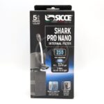 A black box of SICCE Shark Pro Nano Internal Filter for aquariums, featuring product images and details such as 250 L/h flow rate, for tanks up to 50 L, 5-year warranty, and spray bar included.