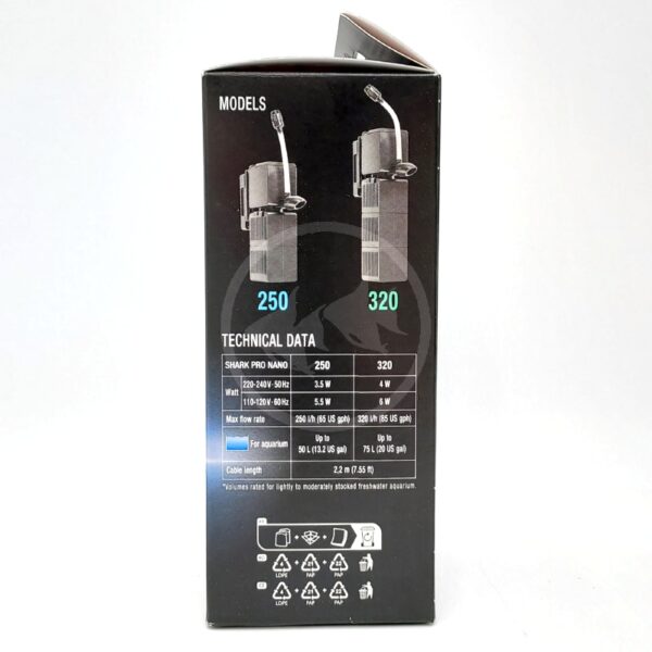 Box showing technical data for Shark Pro Nano aquarium filter models 250 and 320, including power, flow rate, and aquarium size details, with images of the filters on the top half of the box.