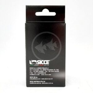Black rectangular SICCE product box with a hanging tab, featuring a large, semi-transparent fish logo in the center and company contact information in white text at the bottom.