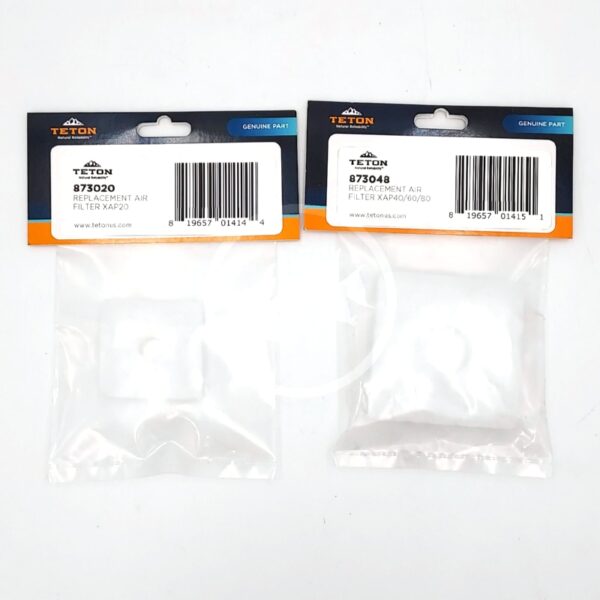 Two clear plastic bags with Teton branding contain replacement air filters, model numbers 873020 and 873048. Each bag has a barcode and product information printed above the filter inside.