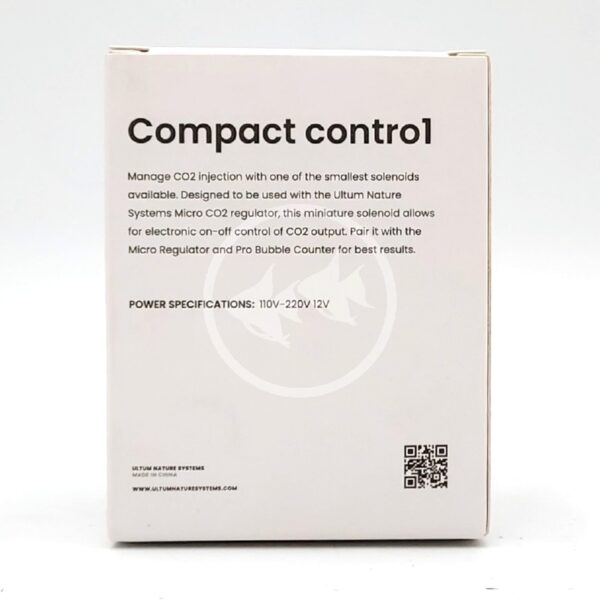 The back of a product box labeled Compact control describes a CO2 injection solenoid for aquarium use. It mentions compatibility, power specifications (110V–220V 12V), and shows minimal branding at the bottom.