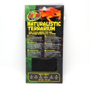 Front of Zoo Med Naturalistic Terrarium packaging, featuring an orange frog, product name in yellow text, and a mesh sample. Text highlights non-toxic mesh for use between substrate layers, size 46cm x 46cm.
