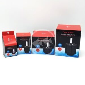 Four boxes of Aquatop Classic Aqua Flow sponge filters in different sizes are displayed in a row against a white background. The boxes are mostly red with product images and blue accents.