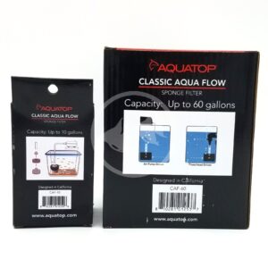 Two Aquatop Classic Aqua Flow sponge filter boxes are shown. The smaller box is for up to 10 gallons, and the larger box is for up to 60 gallons. Both boxes have product images and descriptions on the front.
