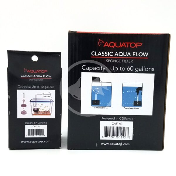 Two Aquatop Classic Aqua Flow sponge filter boxes are shown. The smaller box is for up to 10 gallons, and the larger box is for up to 60 gallons. Both boxes have product images and descriptions on the front.