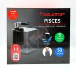 A black box for the Aquatop Pisces All-In-One Nano Aquarium, featuring a photo of the aquarium, product details, and colorful icons highlighting a 5-gallon tank capacity and 53-gallon flow rate.