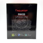 A black box labeled Aquatop Pisces All-in-One Nano Aquarium features product details and icons indicating it is suitable for shrimp, marine aquariums, and freshwater aquariums.