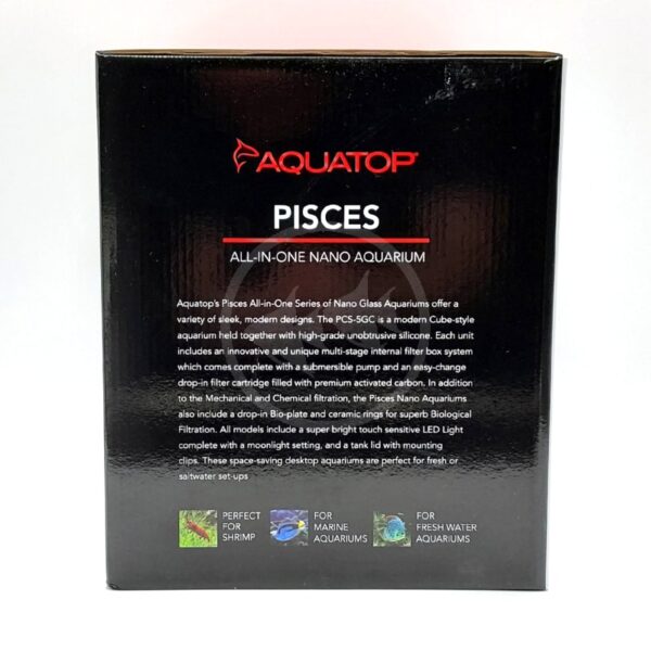 A black box labeled Aquatop Pisces All-in-One Nano Aquarium features product details and icons indicating it is suitable for shrimp, marine aquariums, and freshwater aquariums.