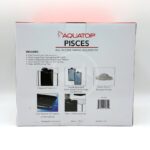 The back of an Aquatop Pisces all-in-one nano aquarium box, showing product features, included components, and images of the filtration box, cartridge, and ceramic rings with descriptive text.