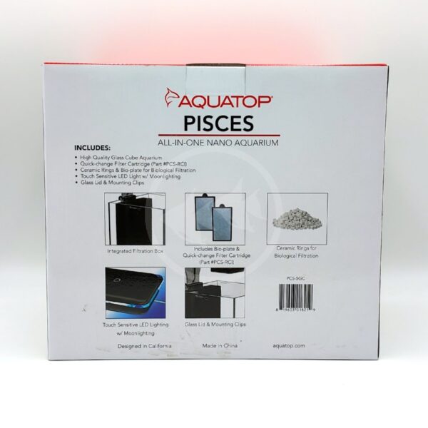 The back of an Aquatop Pisces all-in-one nano aquarium box, showing product features, included components, and images of the filtration box, cartridge, and ceramic rings with descriptive text.
